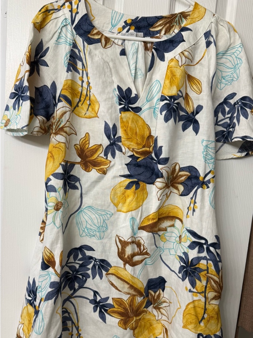 Chico's Floral Midi Dress in Mustard, Navy & Aqua 100%Linen